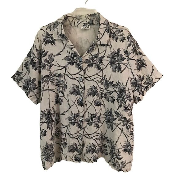Vintage CLIO II navy & cream leaf print 100% linen button up blouse 1X - Picture 1 of 5